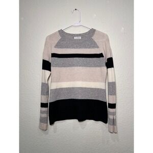 Kinross Cashmere Striped Sweater XS TP Light‎ Pink Grey Black Crew Neck